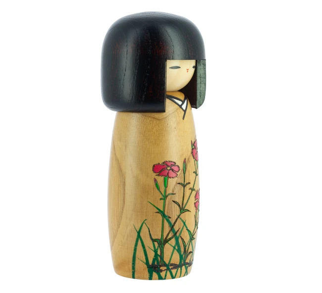 Kokeshi Nadeshiko japonaise artisanale aux œillets roses - Modern and Past Poupée Kokeshi Nadeshiko faite main au Japon œillets roses - Modern and Past