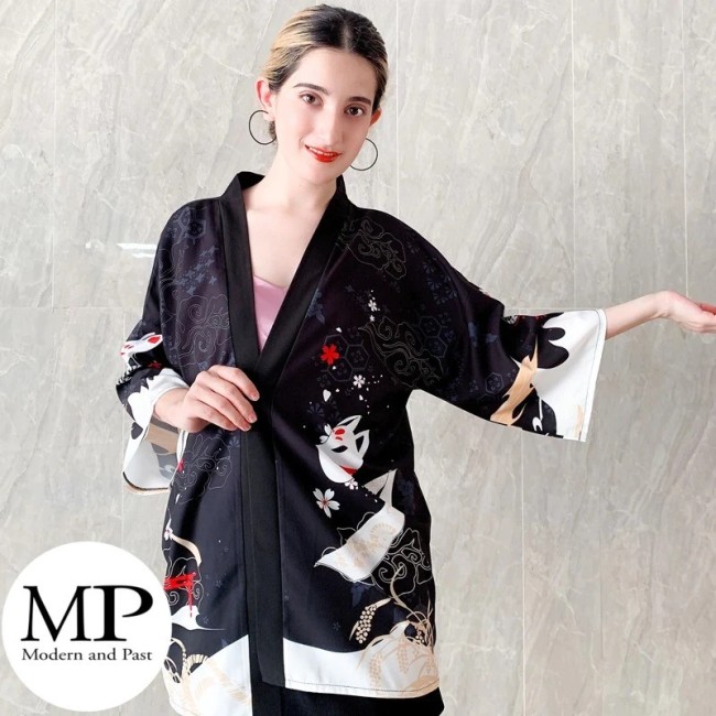 Kimono moderne Oji Kitsune – mode japonaise unisexe Veste kimono japonaise Oji Kitsune – renard blanc et rouge