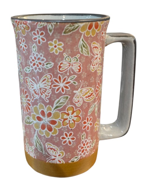 Mug japonais en grès rose saumon avec motifs fleurs et papillons