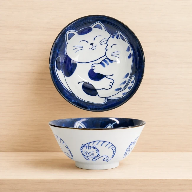 Bol japonais chat Tayo bleu et blanc en porcelaine Modern and Past