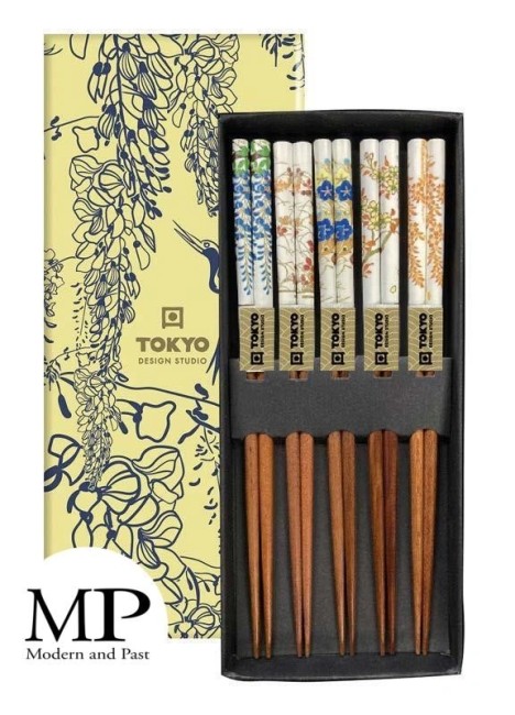 Coffret de 5 paires de baguettes japonaises en bois et blanc motifs floraux Tokyo Design
