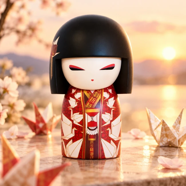 Figurine Kimmidoll Nozomi 10 cm, Kokeshi japonaise rouge avec grues origami – Modern and Past
