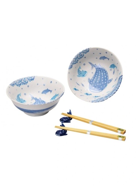 Coffret ramen Jinbe Requin Baleine – vaisselle japonaise Coffret bols ramen Jinbe Requin Baleine – porcelaine japonaise Toki Minoyaki