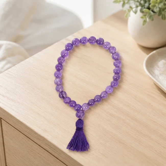 Bracelet mala en améthyste avec pompon violet - Modern and Past Bracelet-mala améthyste violet 27 perles - Modern and Past