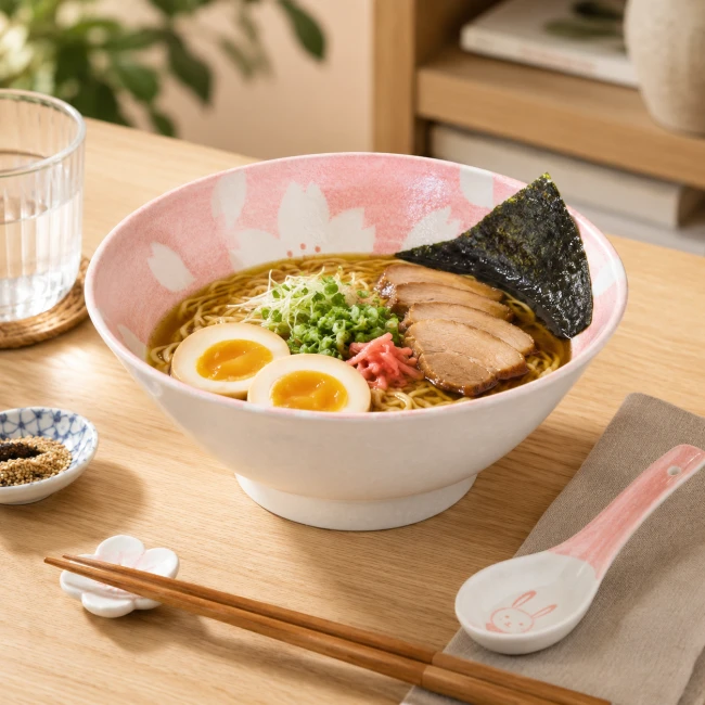 Bol à ramen japonais rose fait main au Japon - Modern and Past Bol à ramen japonais Usagi Sakura rose en mise en situation