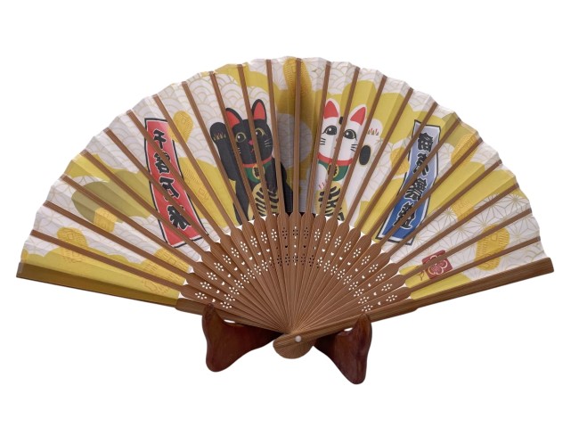 Éventail japonais Maneki Neko porte-bonheur en papier et bambou
