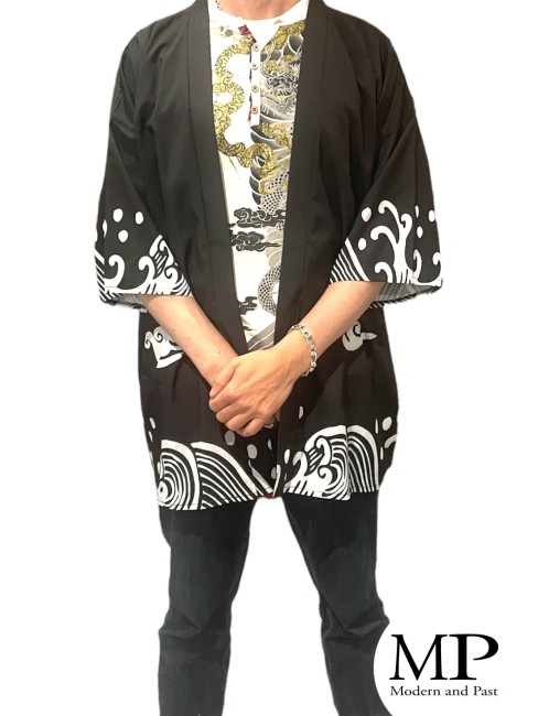 Kimono long moderne japonais Nuages et vagues – Haori unisexe Kimono long japonais unisexe motifs nuages et vagues streetwear