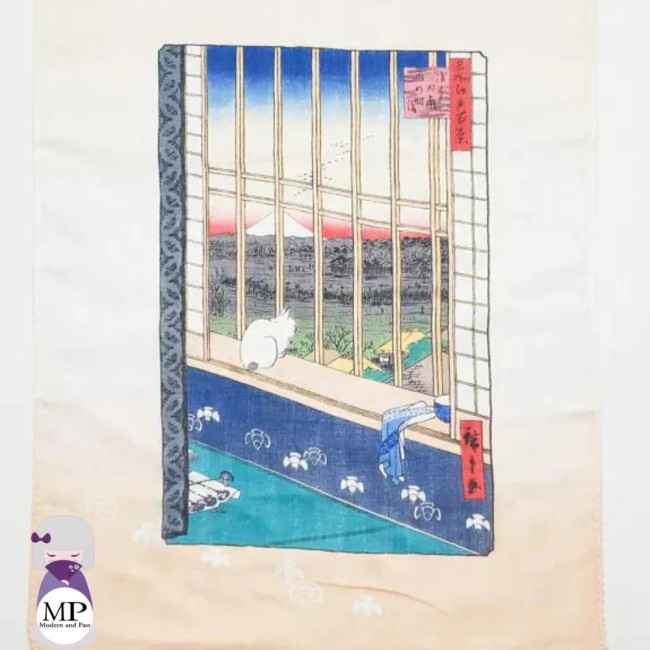 Tenugui japonais Chat Neko et Mont Fuji – 100 % coton