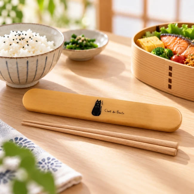 Set de baguettes japonaises en bois avec étui Chat du Café Mokume - Modern and Past