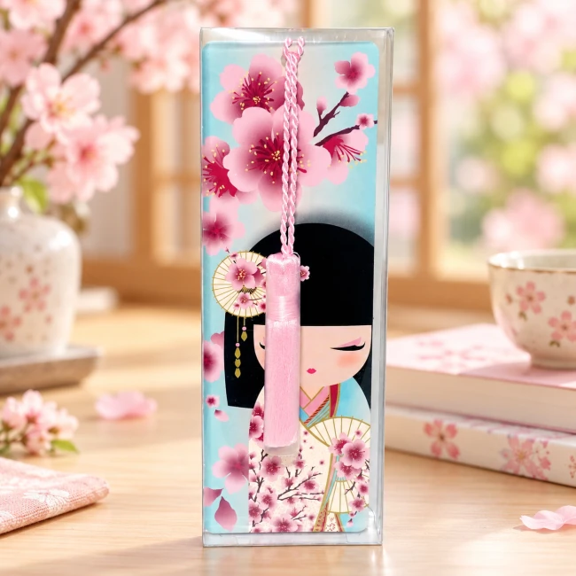 Marque-page Kimmidoll Sakura avec pompon rose | Modern and Past Marque-page Kimmidoll Sakura avec pompon rose, Kokeshi japonaise et fleurs de cerisier – Modern and Past