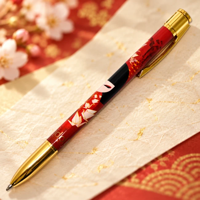 Stylo à bille Kimmidoll Nozomi – Mécanisme rotatif | Modern and Past Stylo à bille Kimmidoll Nozomi rouge avec grues japonaises en origami et finitions dorées – Modern and Past