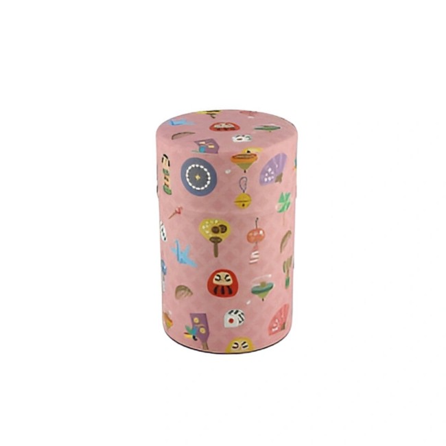 Boîte à thé japonaise en papier washi rose – Motifs Daruma et origamis – Fabriquée au Japon Boîte à thé japonaise rose en papier washi avec motifs Daruma, origamis et éventails, fabriquée au Japon