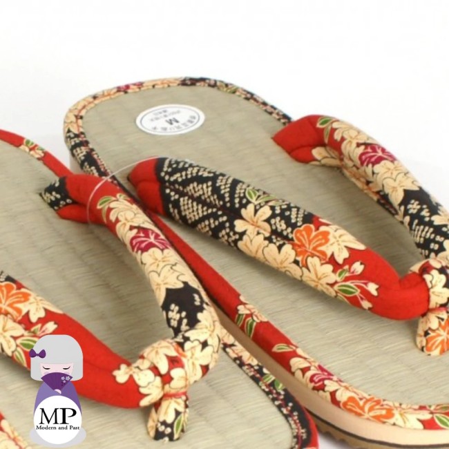 Sandales Zori japonaises rouges modèle Naomi fabrication japonaise Zori japonaises Naomi rouge en paille avec hanao coton fleuri