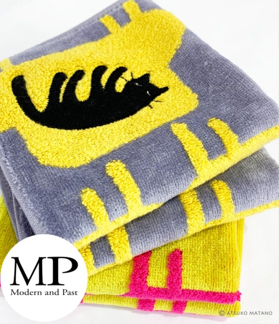 Mini serviette japonaise motif chat endormi Atsuko Matano gris jaune