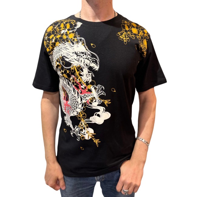 T-shirt Sukajan noir dragon et tigre brodés en relief