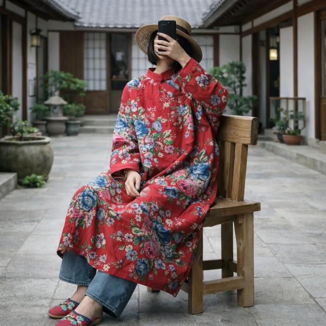 manteau asiatique long rouge coton double couche motifs fleurs
