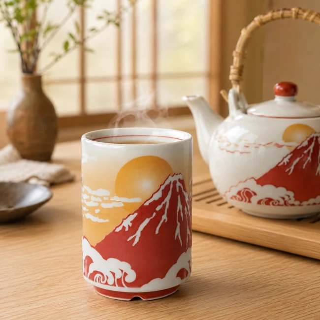 Tasse japonaise Yunomi Mont Fuji rouge fabriquée au Japon - Modern and Past Tasse japonaise Yunomi Mont Fuji rouge en porcelaine - Modern and Past