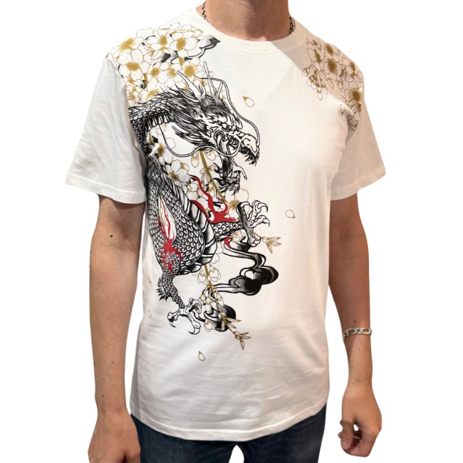 T-shirt Sukajan blanc dragon et tigre brodés en relief