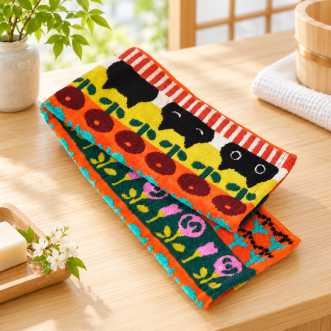 Détail motif Mémé serviette MMSL orange Atsuko Matano - Modern and Past Détail serviette japonaise MMSL Mémé orange Atsuko Matano - Modern and Past