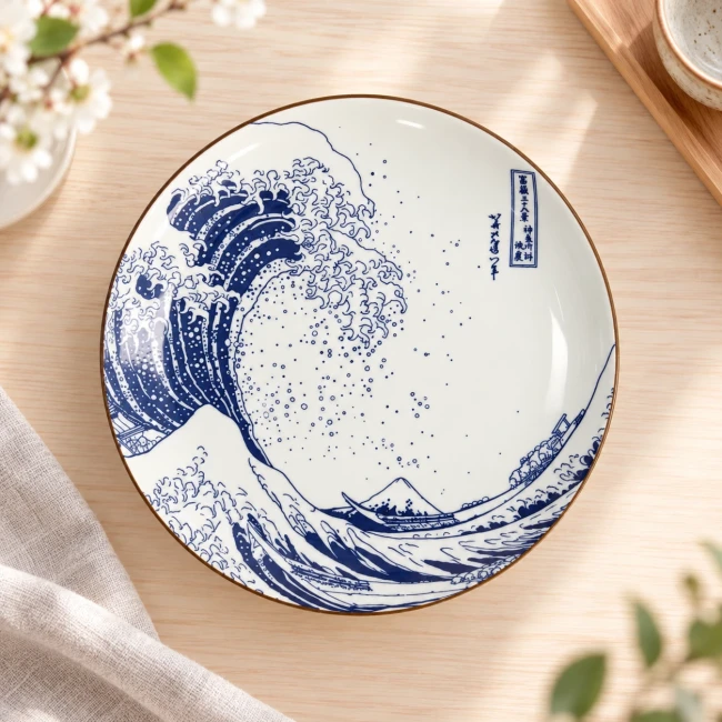 Assiette japonaise Hokusai La Grande Vague en porcelaine - Modern and Past Assiette creuse japonaise Hokusai Grande Vague bleu et blanc - Modern and Past