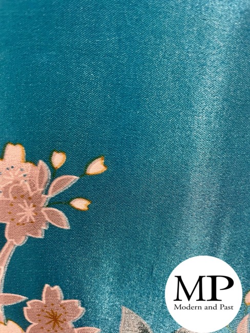 Obi Japonais Bleu Turquoise – Fleurs et Paon Obi japonais réversible bleu turquoise à fleurs et paon