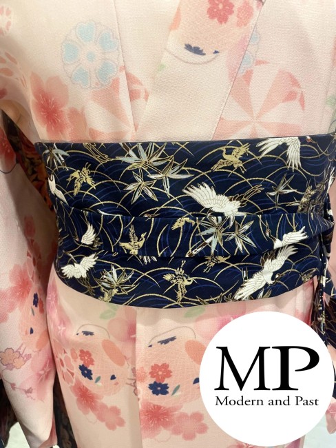 Ceinture obi japonaise bleue motifs grues obi japonais bleu coton motifs grues dorées