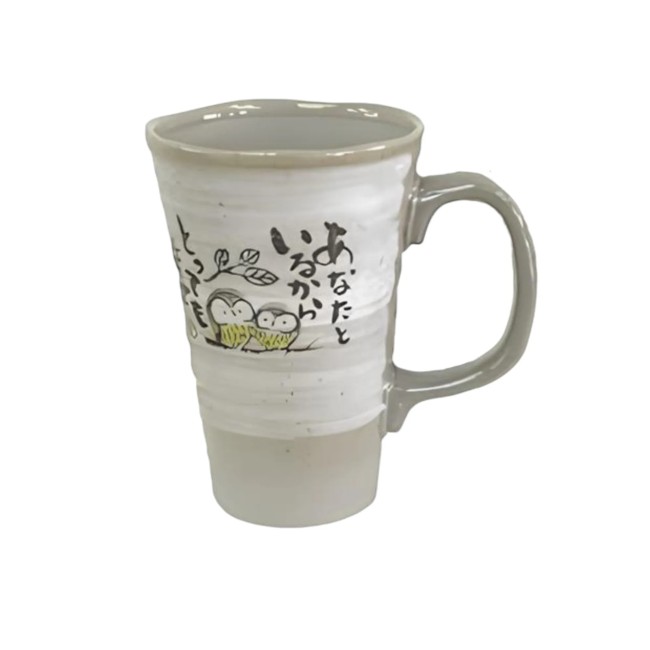 Mug Japonais Fukuro en Grès – Hiboux et Kanji Mug japonais artisanal Fukuro en grès, motifs hiboux et kanji