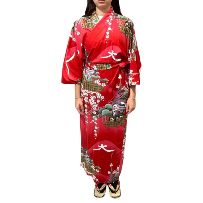 Yukata japonais long femme rouge motifs Kyoto au printemps