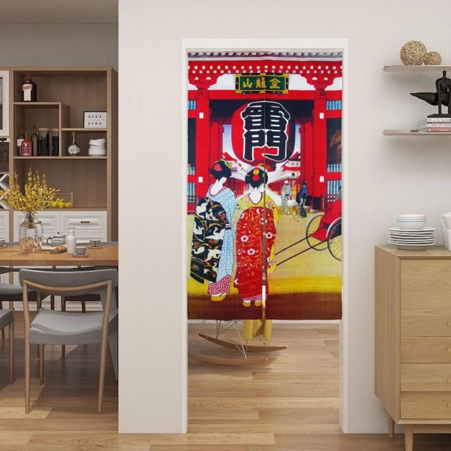 Noren japonais Kaminari – Rideau de porte traditionnel – Fabriqué au Japon Noren japonais Kaminari avec geishas dans une ruelle fabriqué au Japon