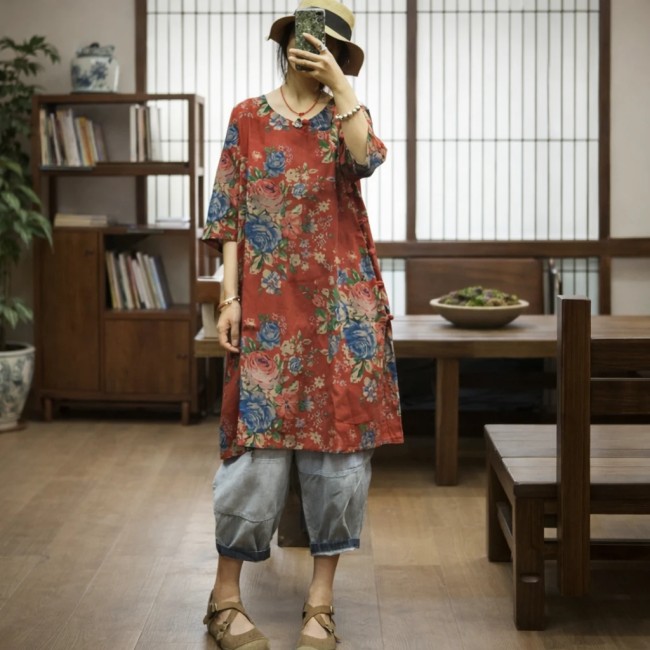 tunique asiatique rouge en coton manches trois quarts tunique asiatique rouge en coton manches trois quarts fermeture latérale