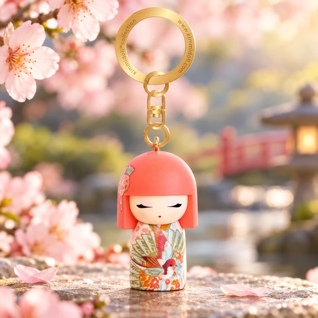 Porte-clés Kimmidoll Hiyori – Harmonie | Modern and Past Porte-clés Kimmidoll Hiyori, mini Kokeshi japonaise rose aux motifs de moineau et fleurs – Modern and Past