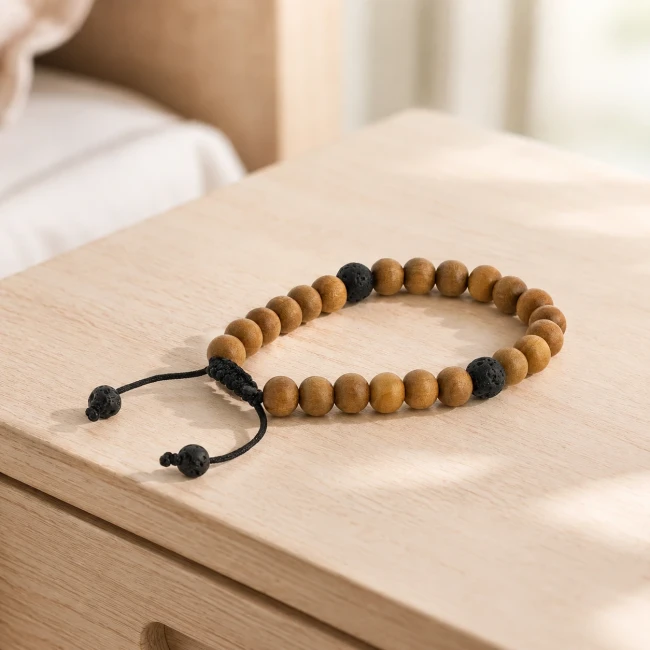 Bracelet-mala bois de santal et pierre de lave - Modern and Past