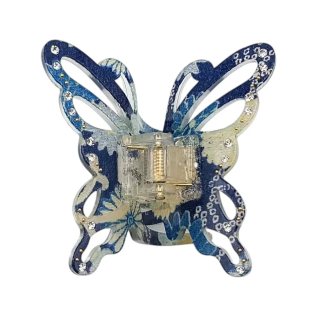 Pince papillon japonaise bleu en tissu chirimen chez Modern and Past