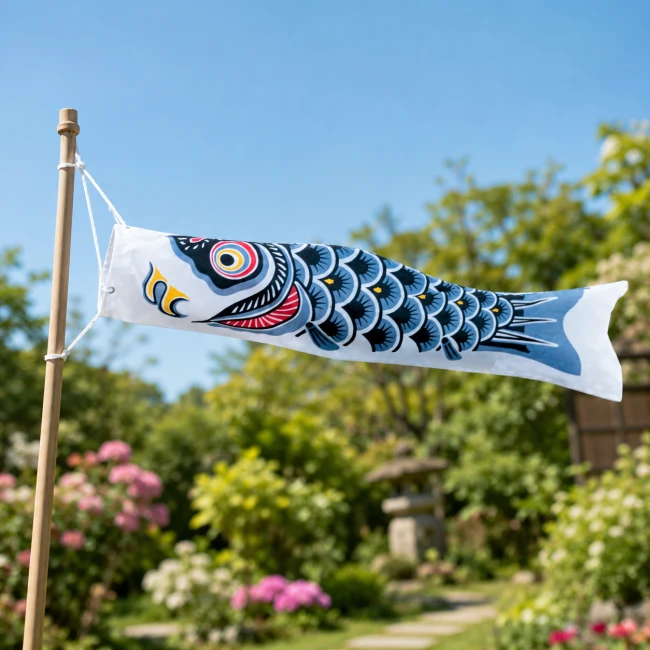 Manche à air japonais Koinobori bleu noir 60 cm dans un jardin - Modern and Past