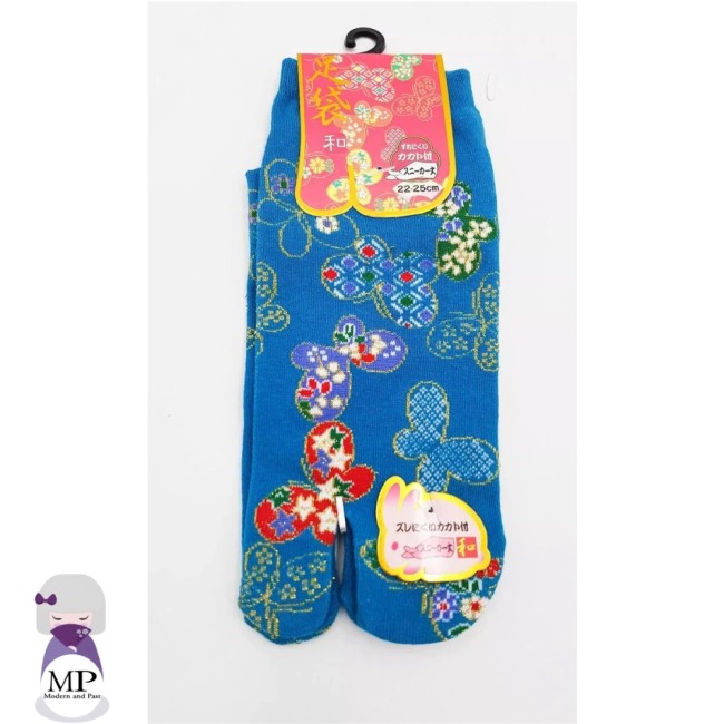 Chaussettes japonaises Tabi motif papillons en coton taille 34-40 - bleu