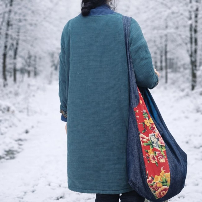 manteau asiatique vert uni mi-long double couche coton laine