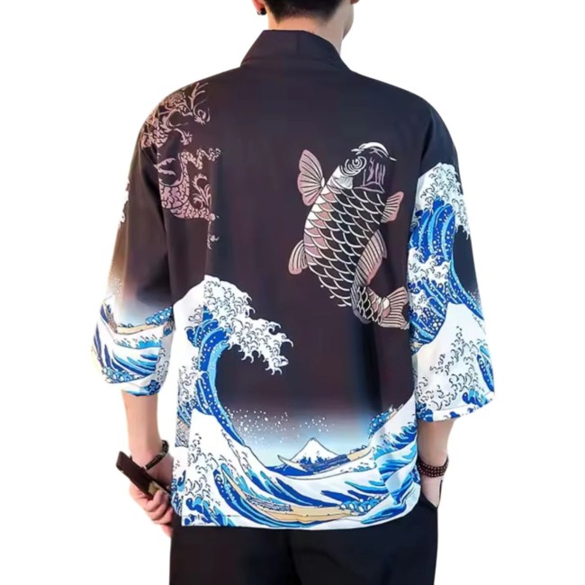 Veste kimono moderne vague Kanagawa carpe Koï et dragon