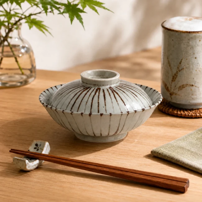 Bol japonais couvert gris vert pour table japonaise - Modern and Past Bol japonais couvert gris vert avec lignes sobres fabriqué au Japon - Modern and Past