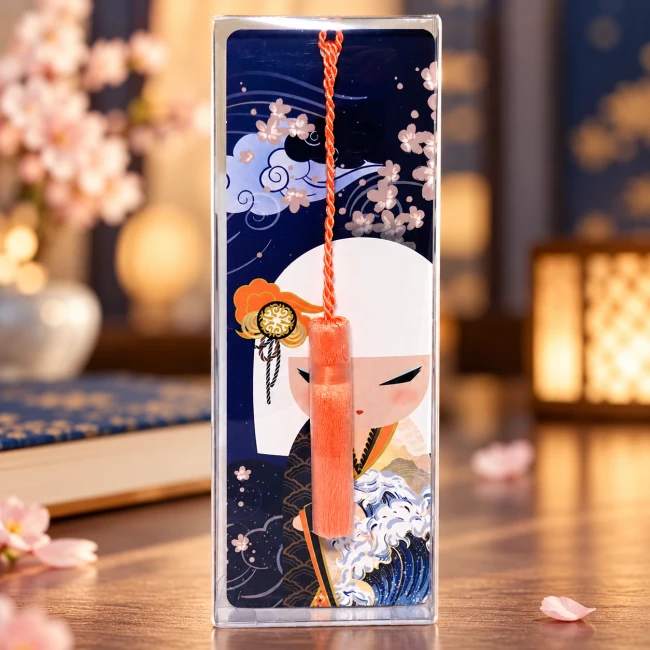 Marque-page Kimmidoll Minami avec pompon orange | Modern and Past Marque-page Kimmidoll Minami aux vagues japonaises, Kokeshi aux cheveux blancs et pompon orange – Modern and Past