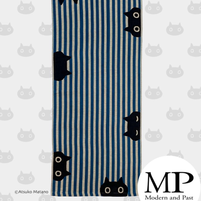 Serviette japonaise en gaze de coton bleue et blanche motif chat MMST Atsuko Matano fabriquée au Japon