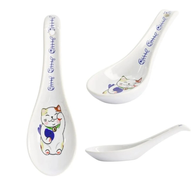 Cuillère Maneki Neko céramique – motif poisson bleu Cuillère japonaise Maneki Neko en céramique avec poisson bleu