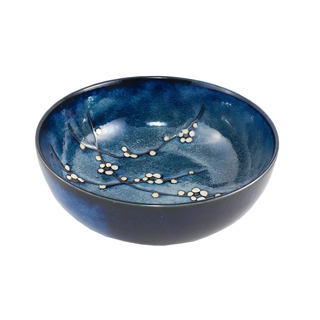 Saladier japonais bleu en céramique motifs Sakura 24 cm