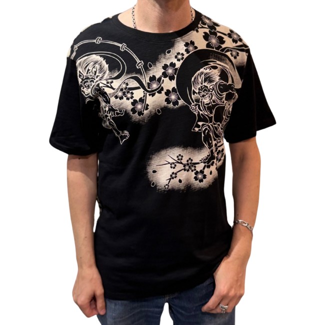 T-shirt Sukajan noir brodé Raijin et Fujin dieux japonais