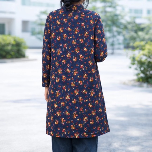 manteau asiatique bleu marine mi-long double couche coton