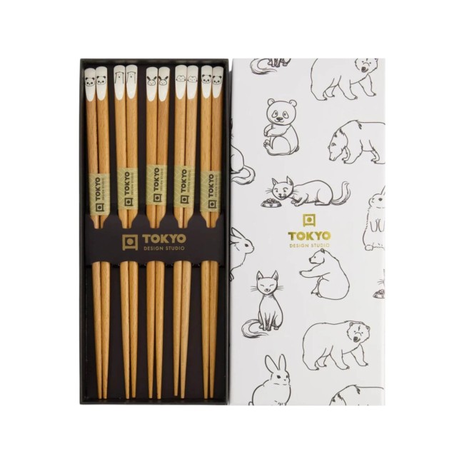 Coffret de 5 paires de baguettes japonaises en bois – Animaux kawaii
