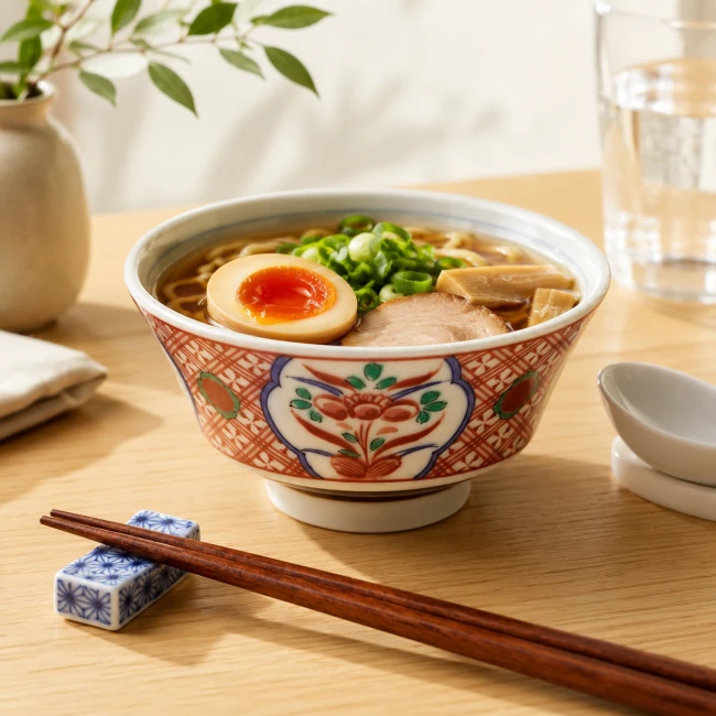 Bol japonais à ramen en porcelaine blanche et rouge - Modern and Past Bol à ramen japonais rouge servi avec ramen et baguettes - Modern and Past