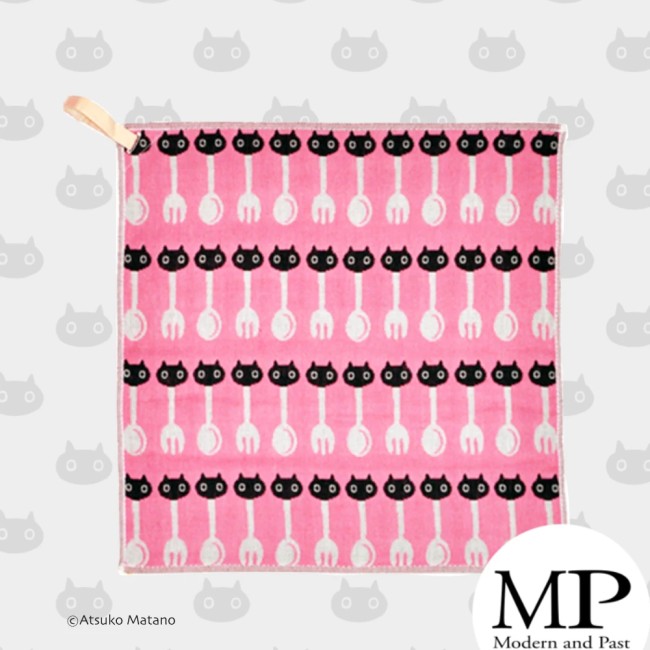serviette japonaise rose gaze coton chats cuillère fourchette