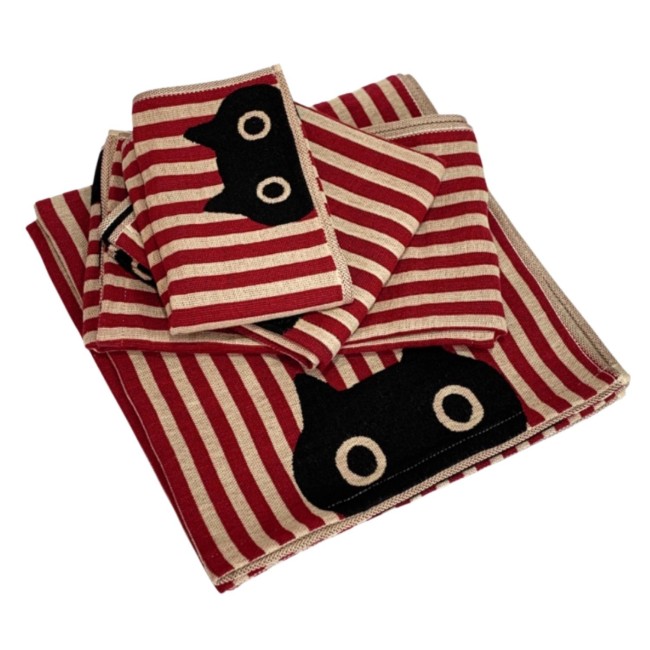 Serviette japonaise en gaze de coton rouge et blanche motif chat MMST Atsuko Matano fabriquée au Japon