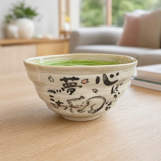 Bol japonais Warabeuta Neko pour thé ou matcha - Modern and Past Bol à thé japonais chat Warabeuta Neko avec matcha - Modern and Past