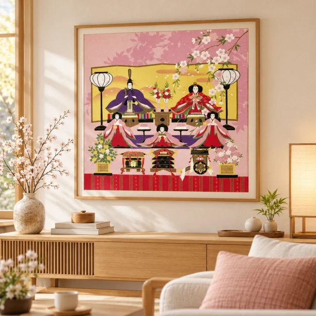 Furoshiki Hina Matsuri 50 × 50 cm - Irodori Jiki - Modern and Past Furoshiki japonais Hina Matsuri 50 cm en coton motif poupées Hina et fleurs de cerisier - Modern and Past